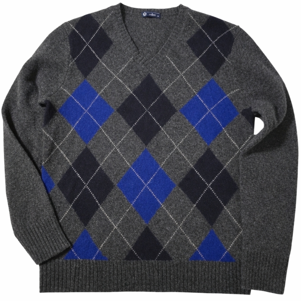 J. Crew V-Neck Sweater in Gray and Blue Argyle Lambswool